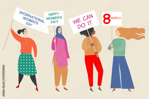 Vector illustration with a group of women holding placards with congratulations to the International Women's Day