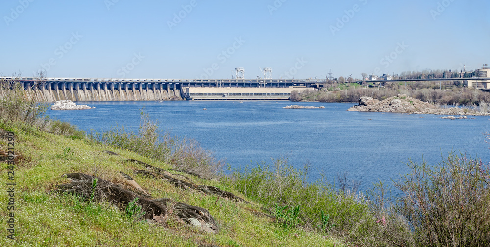 View of the dam (Dneproges) from the island of Khortytsya in the city of Zaporozhye (Ukraine)