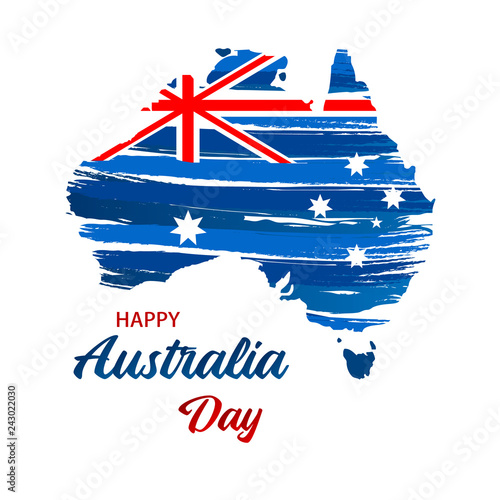 Happy Australia day. Map of Australia with flag. Vector illustration for Greeting card, poster and banner.