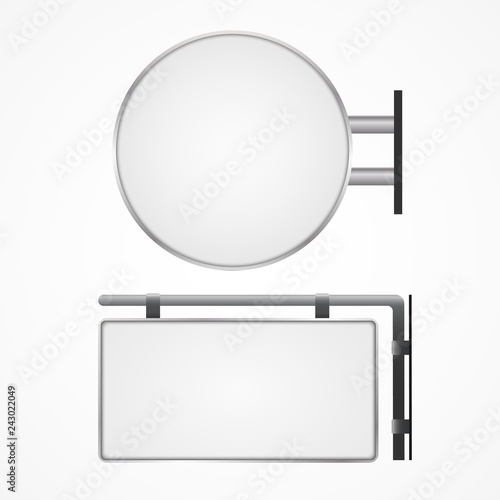 Blank wall mounted street shop. Signboard blank round, rectangle lightbox signage mockup template. vector illustration