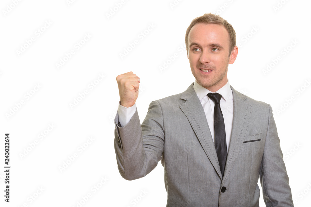 Handsome Caucasian businessman giving speech isolated against white background Handsome Caucasian businessman giving speech isolated against white background