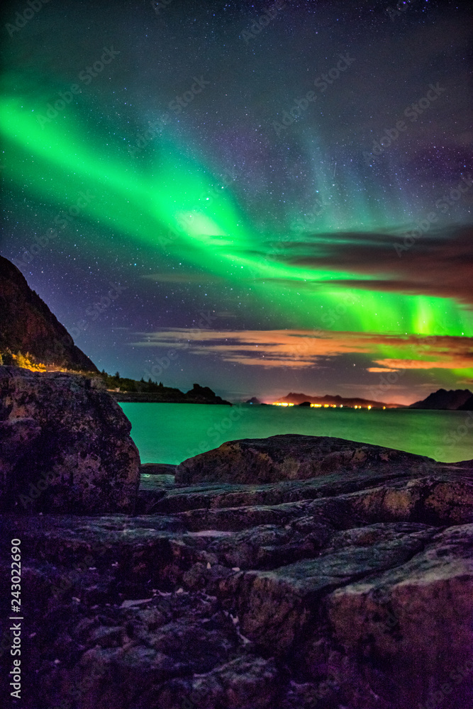Northern lights over Haukland Beach - Lofoten Islands, Norway