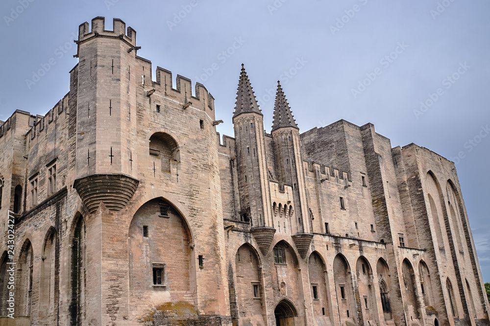 walls of the medieval Castle of the Popes in the city of Avignon in France.