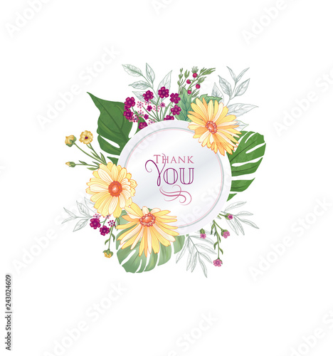 Floral greeting card. Flower frame over white background.