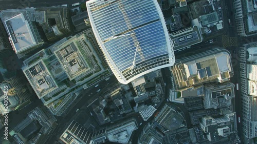 Aerial sunrise rooftop view Walkie Talkie London streets