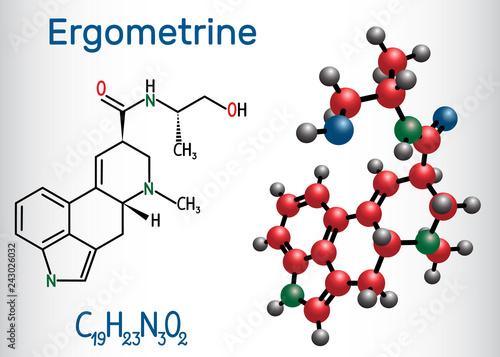 Ergometrine drug molecule. Structural chemical formula and molecule model. photo