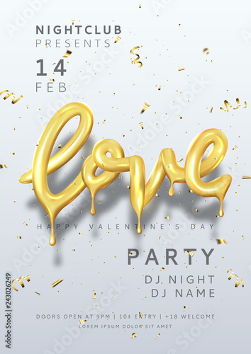 Happy Valentine's Day party poster. Vector illustration with 3d golden dripping letters. Holiday symbol with sparkling confetti and serpentine on white background. Cover of invitation to nightclub.