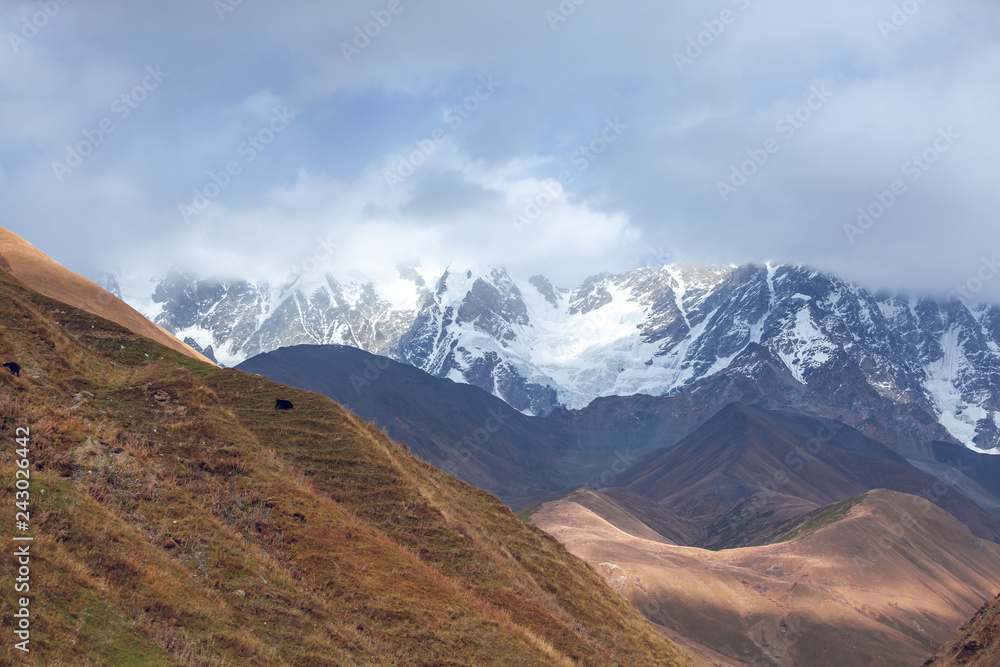 The highest peak of Georgia is Shkhara. Main Caucasian ridge, Zemo Svaneti