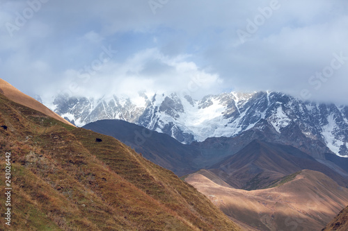 The highest peak of Georgia is Shkhara. Main Caucasian ridge, Zemo Svaneti