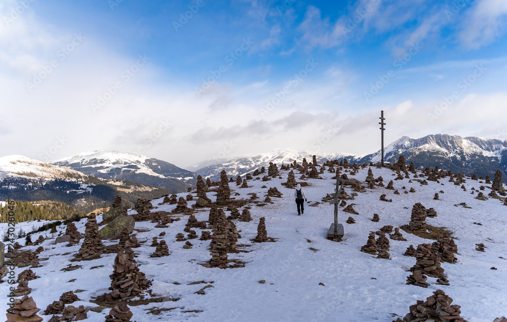 beautiful landcape view of the stoanerne mandln in South Tyrol, sarntal, jenesien during winter with snow beautiful landcape view of the stoanerne mandln in South Tyrol, sarntal, jenesien during winter with snow