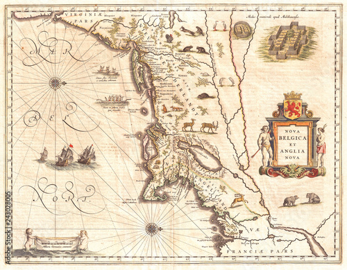 1635, Blaeu Map of New England and New York, 1st depiction of Manhattan as an Island photo