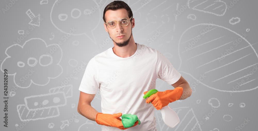 Male housekeeper with and without head with grey doodled wallpaper
Male housekeeper with and without head with grey doodled wallpaper