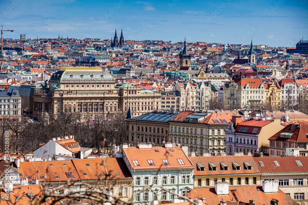 National Theatre building and Prague city old town seen from Petrin hill in a beautiful early spring day National Theatre building and Prague city old town seen from Petrin hill in a beautiful early spring day