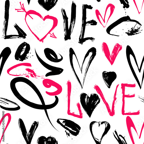 Seamless pattern with love words, hearts.