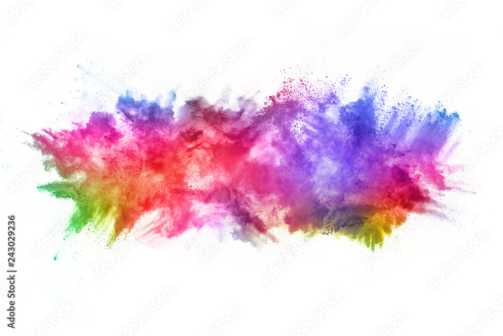 abstract powder splatted background. Colorful powder explosion on white background. Colored cloud. Colorful dust explode. Paint Holi.