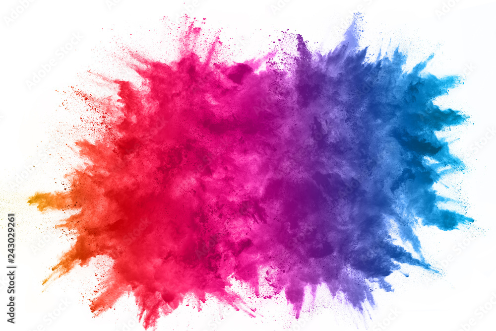 abstract powder splatted background. Colorful powder explosion on white background. Colored cloud. Colorful dust explode. Paint Holi. - obrazy, fototapety, plakaty 