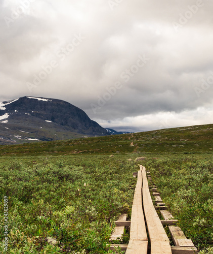 Foot bridge leading up to mountains during the hike of Kungsleden (Kings path) in northern Sweden. 