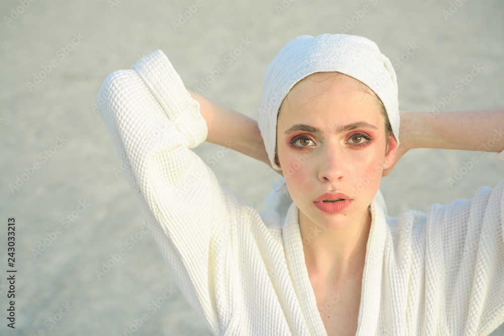 Enjoying daily routine. Beauty routine and hygiene. Young woman in bathing gown. Pretty woman wear bath towel on head. Skincare model after spa bath. Skincare at spa. Beauty salon. Bathing habits Enjoying daily routine. Beauty routine and hygiene. Young woman in bathing gown. Pretty woman wear bath towel on head. Skincare model after spa bath. Skincare at spa. Beauty salon. Bathing habits