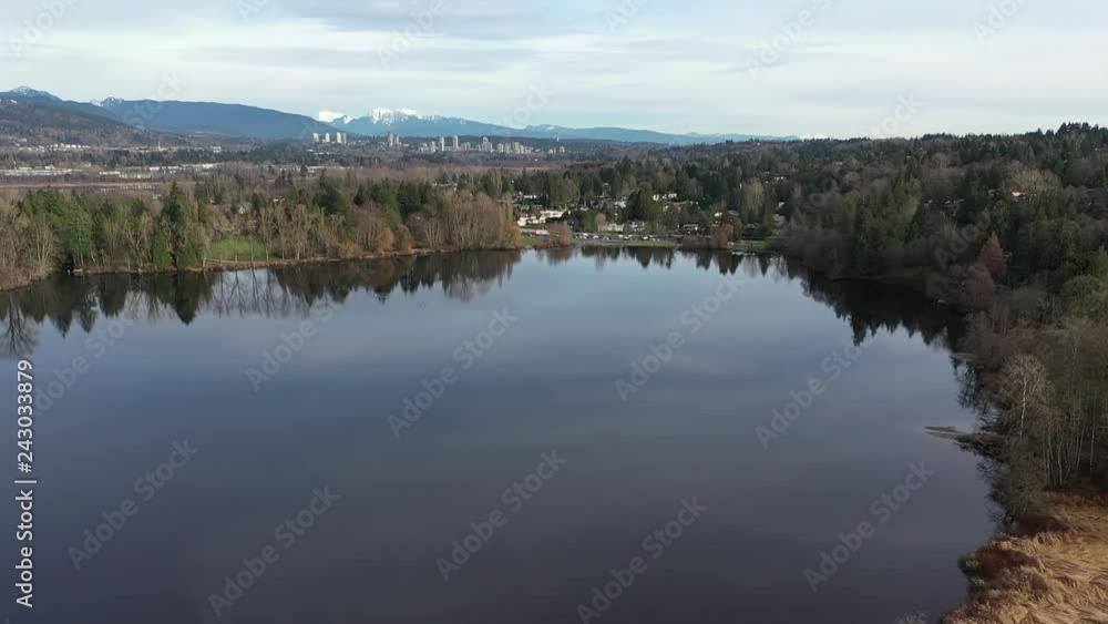 Aerial View at Mountain Lake in British Columbia, Canada. 4K.