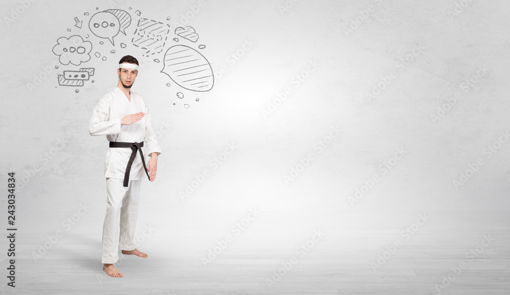 Young kung-fu trainer fighting with doodled symbols concept
Young kung-fu trainer fighting with doodled symbols concept
