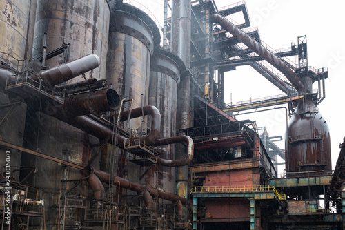 Industrial factory plant, valves of blast furnace, heavy steel manufacturing technology rusty old