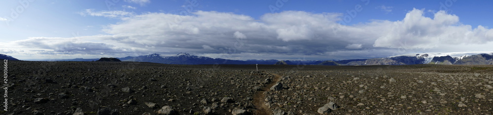 Panorama of a mountain plateau on the way from Fimmvörduhals mountain path to Godaland, Iceland