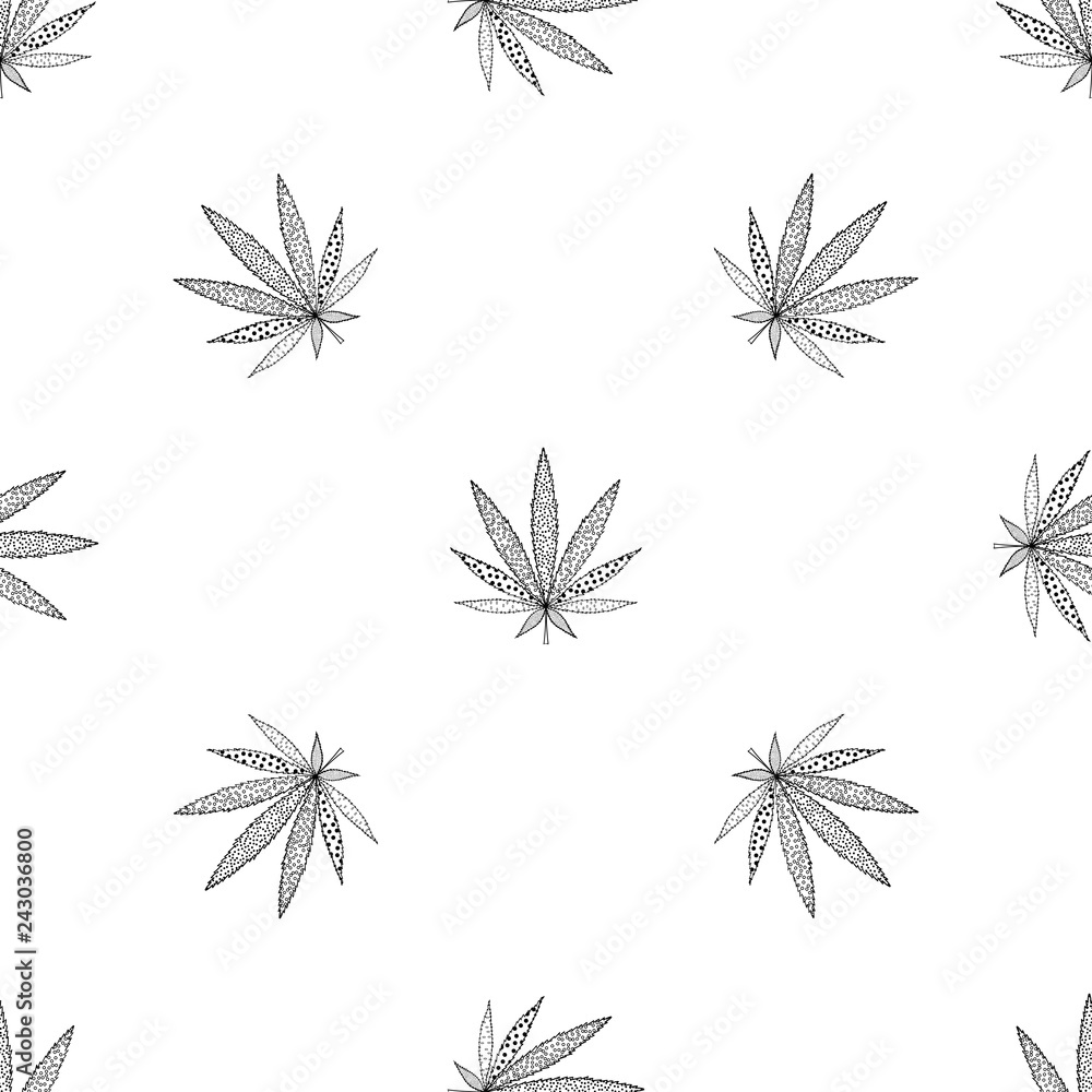 Naklejka premium Cannabis seamless pattern. Hand drawn Marijuana floral pattern. Flat leaf of weed cannabis, monochrome black and whit. Marijuana design element seamless for fabric vector illustration.