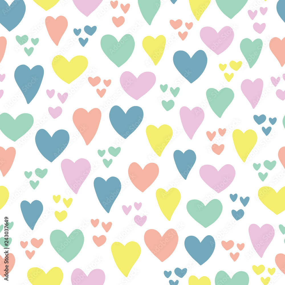 Hearts seamless vector pattern background. Hand drawn hearts isolated pink, coral, blue, green, yellow. Use for Valentines day, kids, card, invitation, scrapbook