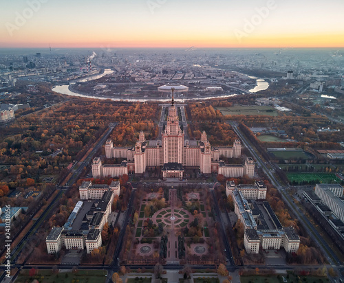 Aerial panorama of the Lomonosov Moscow State University building. Sparrow Hills, Moscow, Russia. Aerial drone photo. © Сергей Детюков