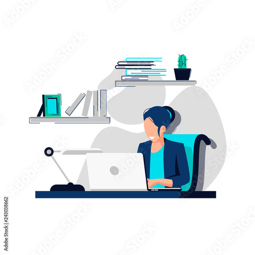 vector image of a girl in a business suit sitting at a laptop, at a table, a business woman working in the office