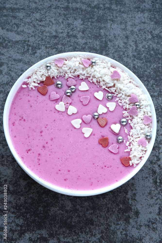 Smoothie bowl for Valentine's Day. Romantic breakfast. Smoothie bowl for Valentine's Day. Romantic breakfast.