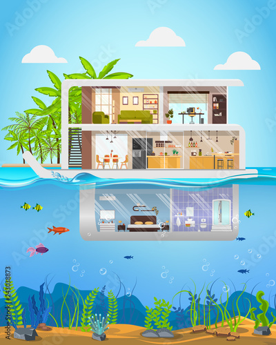 Luxury Mansion on Tropical Seacoast Flat Vector