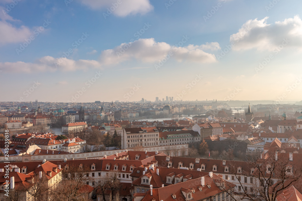Rooftops and bridges of Prague, Czech Republic viewed from the Prague Castle.
