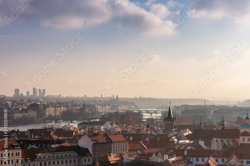 Rooftops and bridges of Prague, Czech Republic viewed from the Prague Castle.