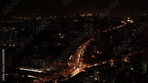 Mumbai City at Night with Street, Streetlight and Cars. Cityscape, Skyline Skyscrapers, Buildings from a High Angle. Aerial Shot