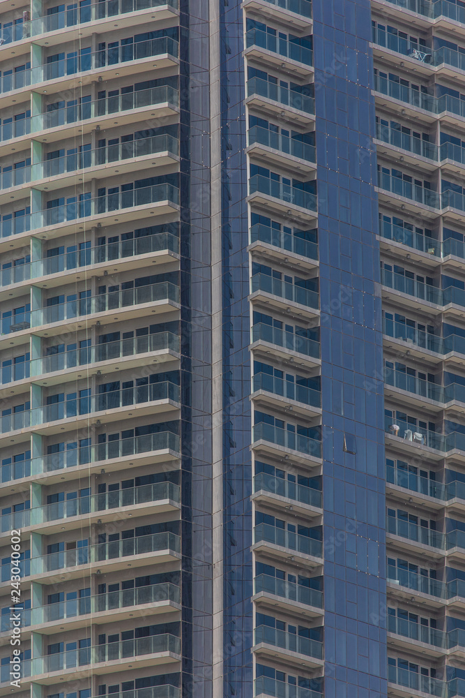 Dubai Skyscraper and tall buildings in Dubai city. Close up