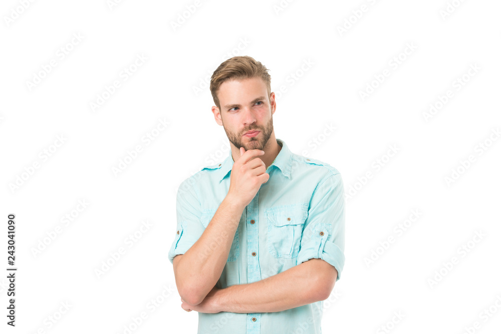 Think to solve. Man with bristle serious face thinking white background. Guy thoughtful touches his chin. Thoughtful mood concept. Man with beard thinking. Think about solution. Close to solution
