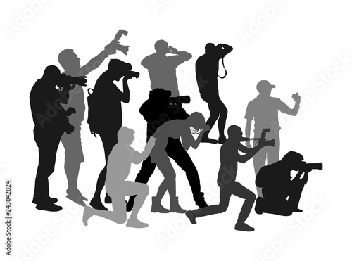 Crowd of photographer with camera vector silhouette. Paparazzi shooting movie star event. Photo reporter on duty. Sport photography. Journalist work for breaking news. Wedding fashion photographer. 