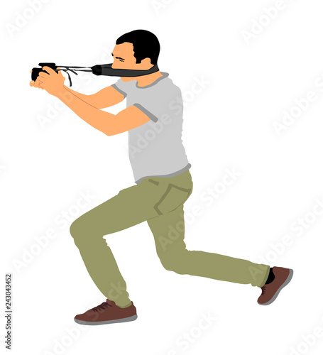 Photographer with camera vector illustration. Paparazzi shooting on the event. Photo reporter on duty. Sport photography. Journalist man works for breaking news. Wedding fashion photographer focusing.