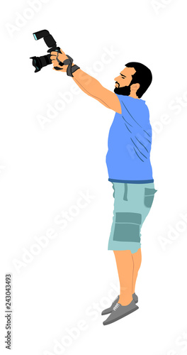 Photographer with camera vector illustration. Paparazzi shooting on the event. Photo reporter on duty. Sport photography. Journalist man works for breaking news. Wedding fashion photographer focusing.