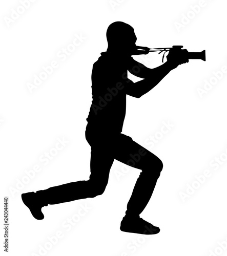 Photographer with camera vector silhouette. Paparazzi shooting on the event. Photo reporter on duty. Sport photography. Journalist man works for breaking news. Wedding fashion photographer focusing.