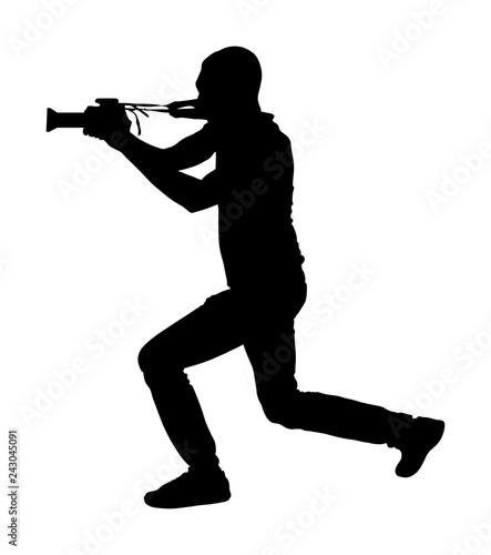 Photographer with camera vector silhouette. Paparazzi shooting on the event. Photo reporter on duty. Sport photography. Journalist man works for breaking news. Wedding fashion photographer focusing.