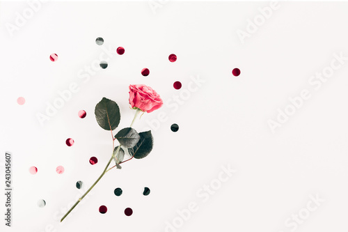Flowers composition. Pink rose flowers on white background. Valentine's Day, Easter, Birthday, Happy Women's Day, Mother's day, holiday concept. Flat lay, top view, copy space 
