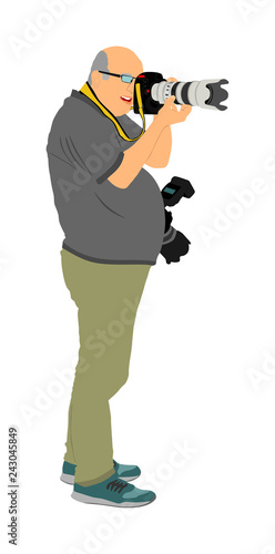 Landscape photographer with camera vector illustration. Paparazzi shooting on the event. Photo reporter on duty. Sport photography. Journalist work for breaking news. Wedding fashion photographer.