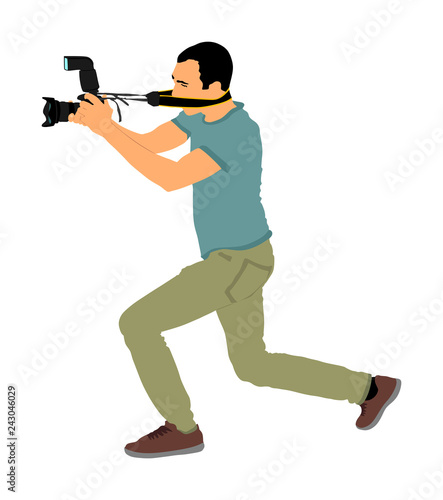 Photographer with camera vector illustration. Paparazzi shooting on the event. Photo reporter on duty. Sport photography. Journalist man work for breaking news. Wedding fashion photographer focusing.