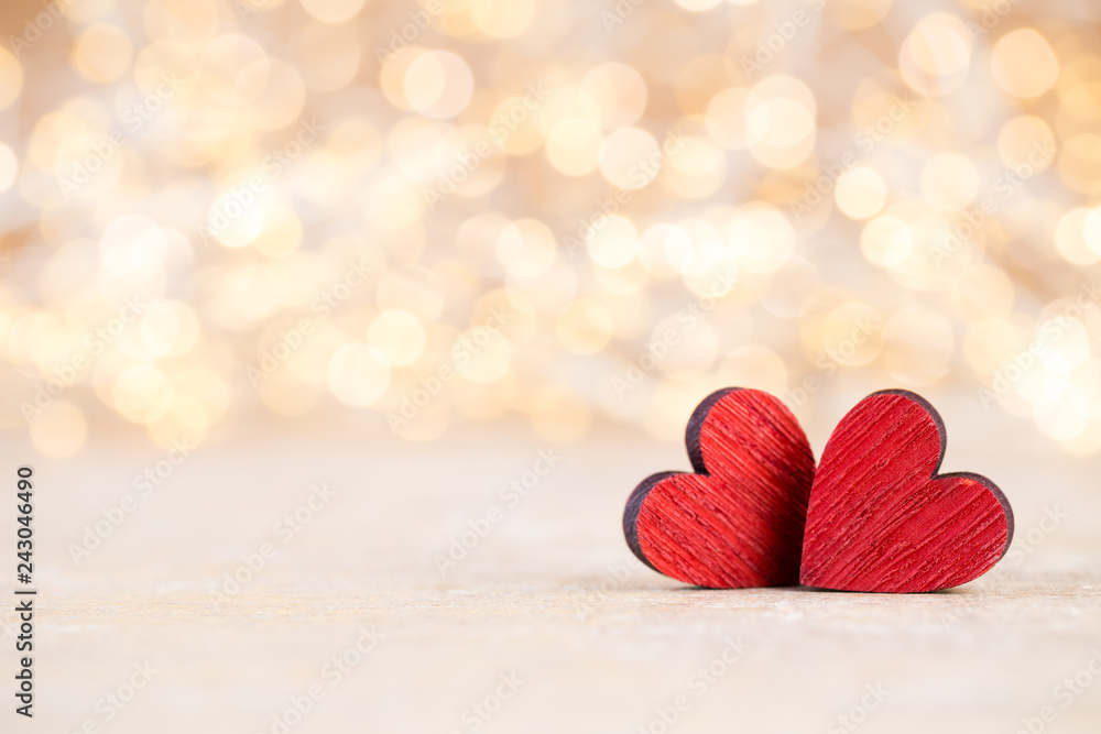 Fototapeta premium Red heart bokeh background, valentine day greeting card.