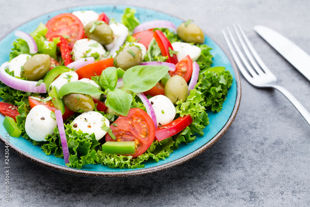 Vegetable salad with cheese mozzarella, tomatoes, basilikum and spice. Vegetable salad with cheese mozzarella, tomatoes, basilikum and spice.