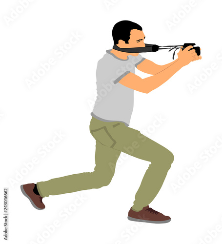 Photographer with camera vector illustration. Paparazzi shooting on the event. Photo reporter on duty. Sport photography. Journalist man work for breaking news. Wedding fashion photographer focusing.