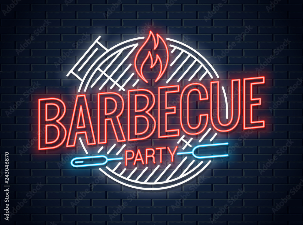 Barbecue grill neon logo. BBQ neon sign on wall Stock Vector Adobe Stock