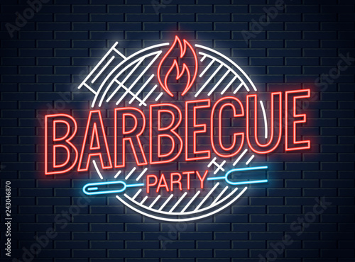 Barbecue grill neon logo. BBQ neon sign on wall